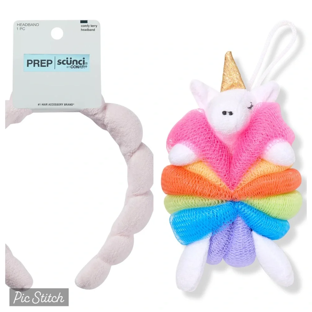NWT Scünci Soft Pink Rounded Terry Headband + Ulta Unicorn Loofah Set
